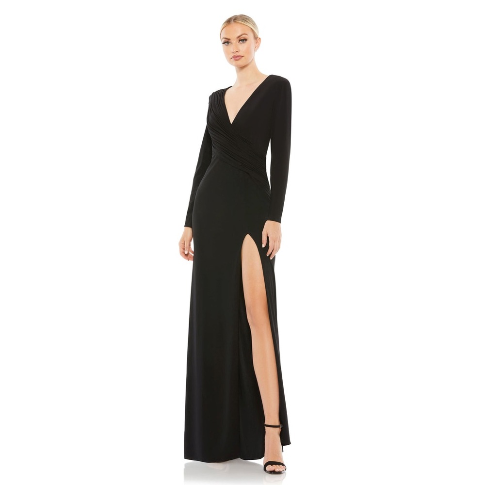 NWT IEENA for MAC DUGGAL Jersey Long Sleeve Asymmetrical Ruched Gown Size 14